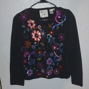 Vintage Michael simon Beaded Floral Colorful Cotton Blend Catdigan Sweater PM